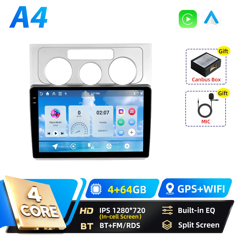Podofo 8+128G 2din Android autoradio voor Volkswagen Touran 2006-2008 met Carplay, FM, GPS navigatie, DSP, Android Auto, RDS en BT