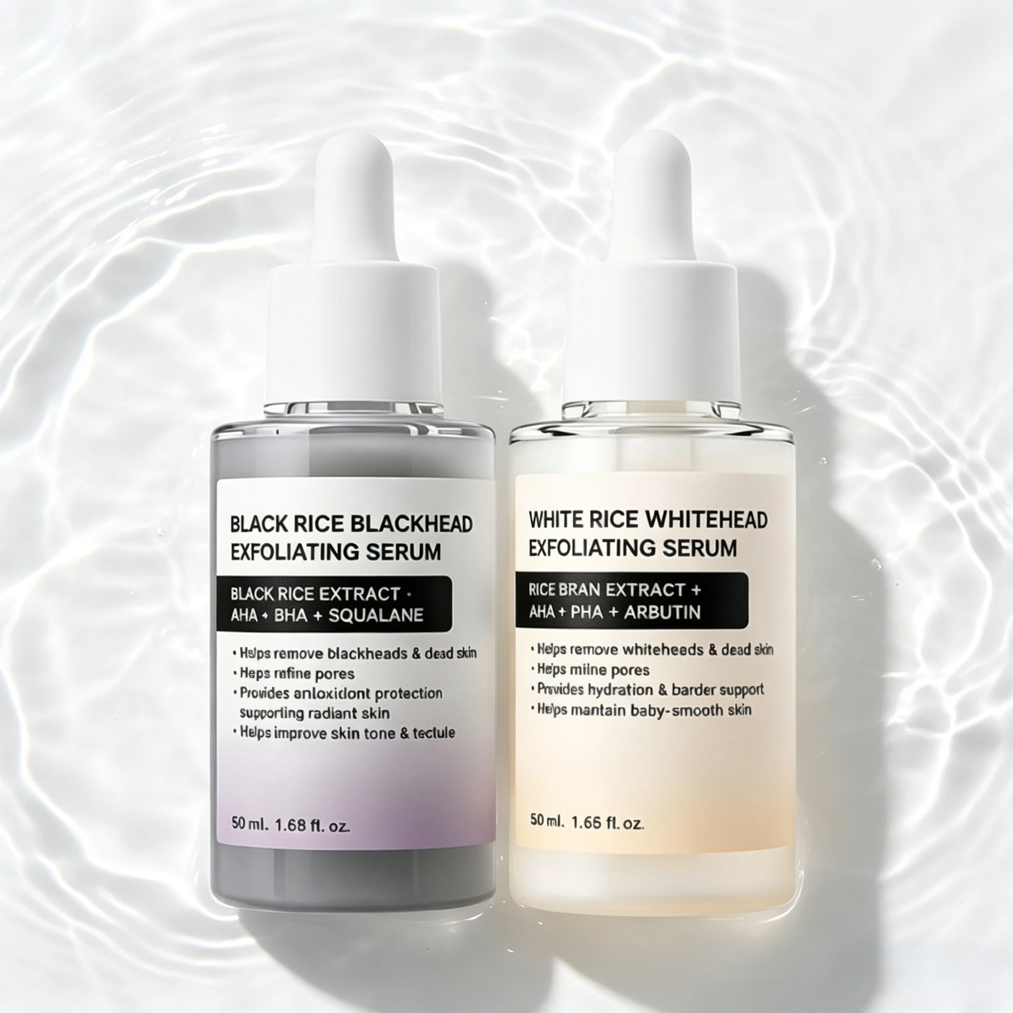 Black & White Rice Exfoliating Serum Set, BHA Niacinamide Moisturizing Pore Minimizing Blackhead Remover For All Skin Types