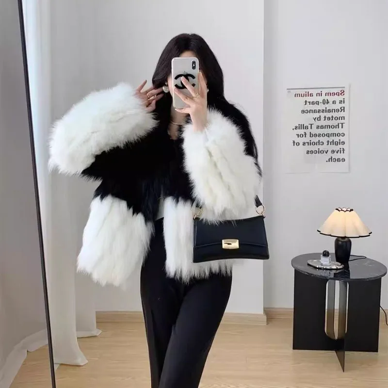 Autumn 2023 Winter New Faux Fox Fur Jackets Women\'s Overcoat Fashion Loose Contrast Color Stitching Warm Fur Jacket Tops