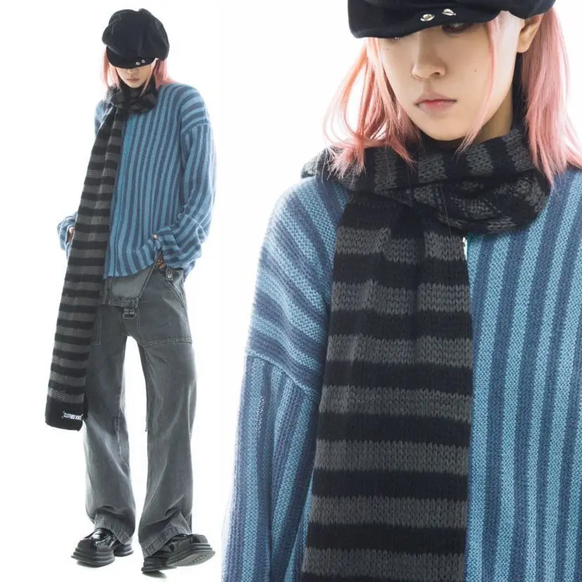 KOSAHIKI 2024 Y2k Girl Long Scarves Korean Japanese Basic Scarf Gothic Stripe Women Unisex Harajuku Knitted Neckerchief