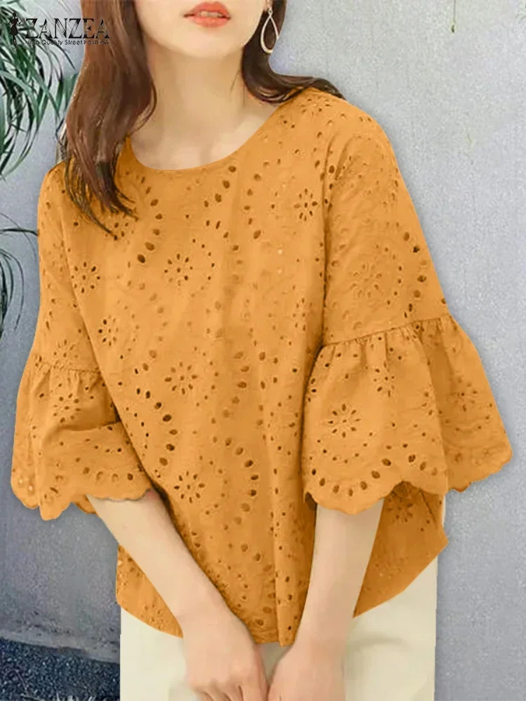 Camicetta elegante da donna in pizzo all'uncinetto 2025 ZANZEA Top estivi femminili Camicia da vacanza da lavoro OL Top Elegante manica a 3/4 Patchwork Blusas