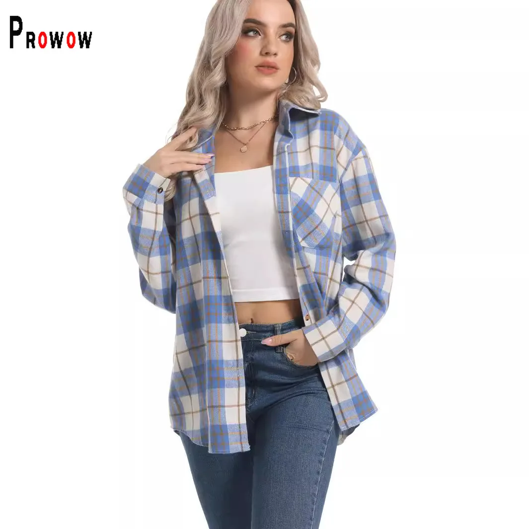 Prowow Casual Classical Plaid Women Blouses Loose Style Long Sleeve Female Tops Clothes Single Breasted Top Outfits Blusas