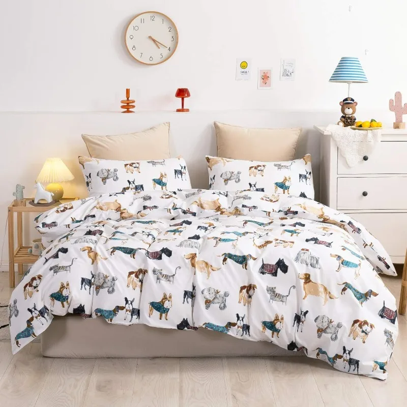 

100% Cotton Queen Duvet Cover Set, Cartoon Dog Puppy Patterned Kids Duvet Cover for Boys Girls Soft Bedding Sets 3Pcs White