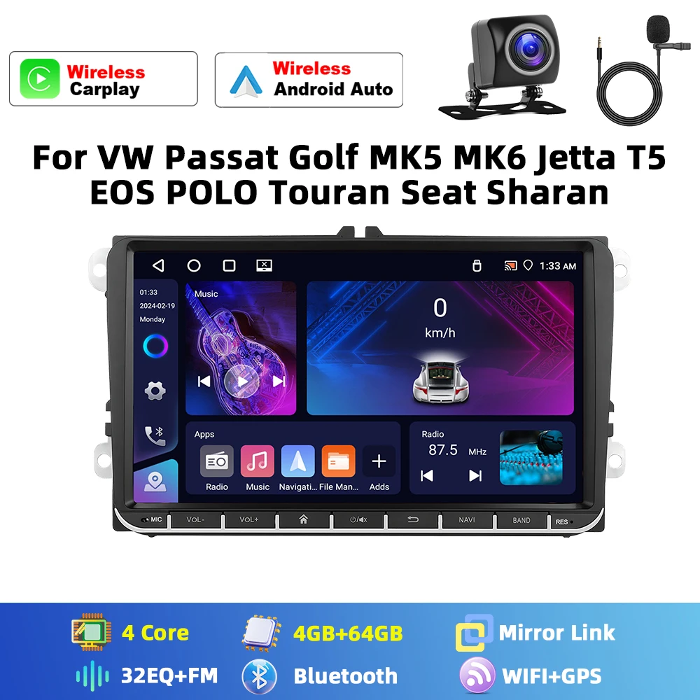 Podofo 6+128G Android 2Din Autoradio Stereo 9" Touchscreen GPS-Navigation für VW Volkswagen Passat Golf MK5 MK6 Jetta T5 EOS POLO Touran Seat Skoda Multimedia-Player