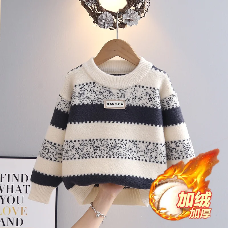 Boys Girls Padded Warm Sweater Autumn Children Thick Fleece Knit Jumper Kids Striped Pullover Teen Long-Sleeved Knitwear Tops