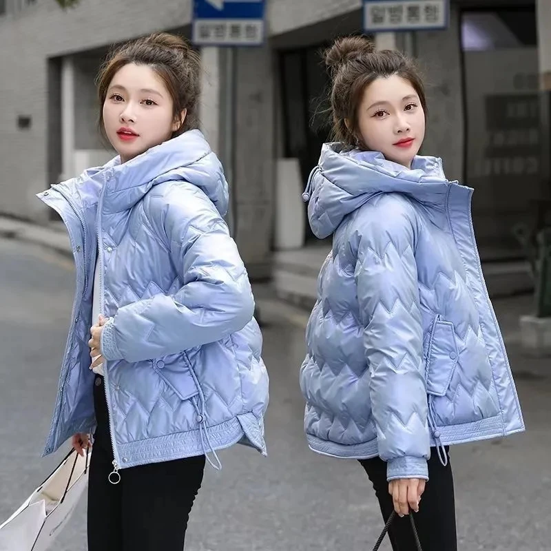 2023 New Winter Women Short Parkas Hooded Down Cotton Padded Jacket Female Overcoat Thick Warm Glossy Outwear Lady Outerwear