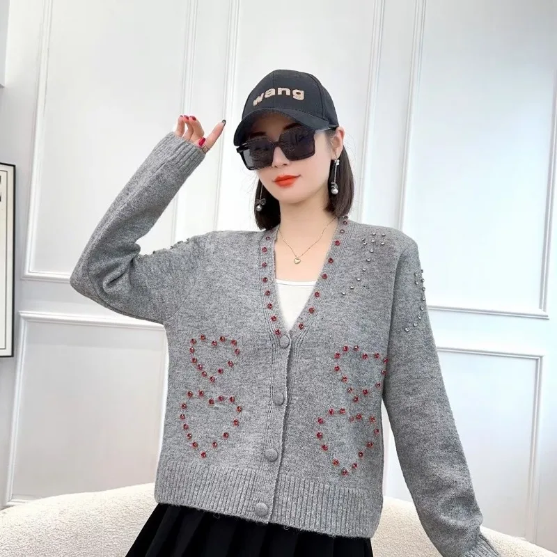 Sweaters for Women Autumn Winter Fashion V Neck Single Breasted Knitted Cardigans Female Diamonds Chic Long Sleeve Loose Jackets