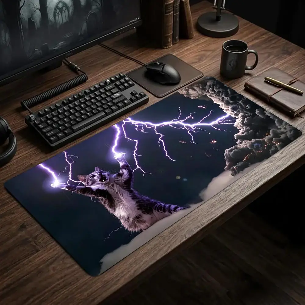 Funny Cute Cat Purple Lightning Bolt Mouse Pad Large Gaming Mats Playmat Office Desk Accessories Carpet Rug Desk Mat Mousepad