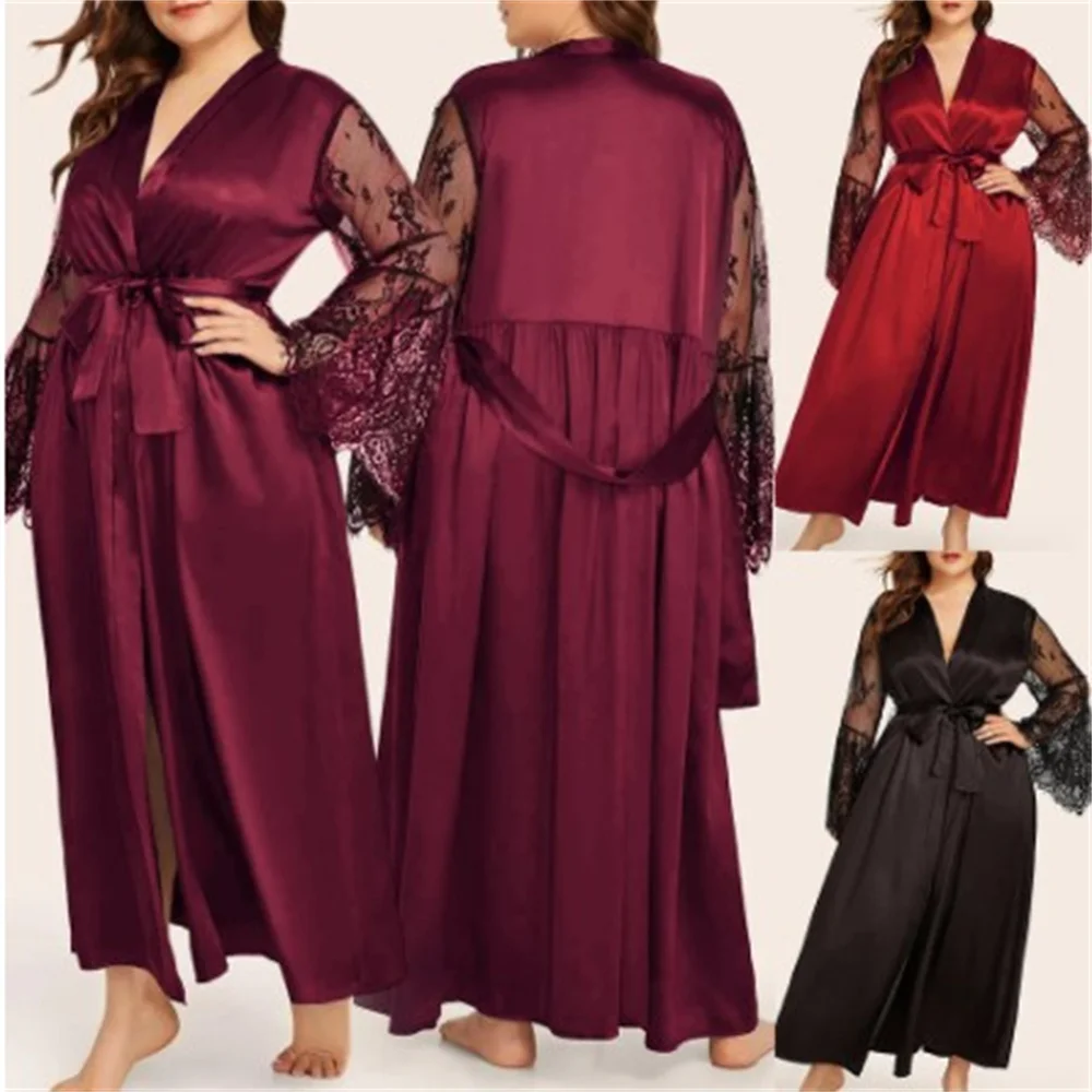 

Women's SATIN Robe Belt Lace Large Size Long Ladies Sexy Underwear Pajamas Nightdress Nightgown