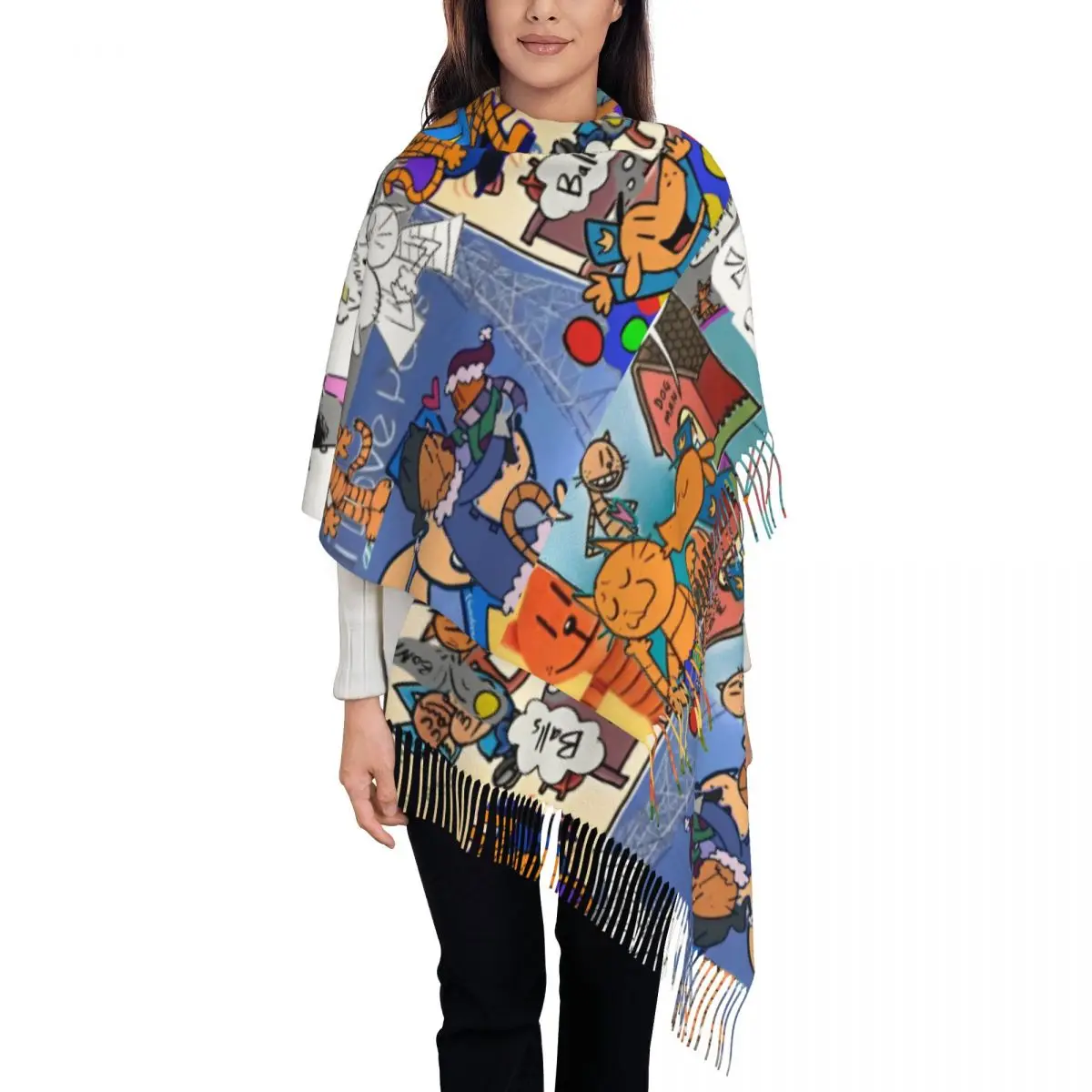 

Женский шарф с комиксами из фильма «Собака-мужчина», зимняя теплая шаль из пашмины, длинные большие шарфы с героями мультфильмов и кисточками, женские