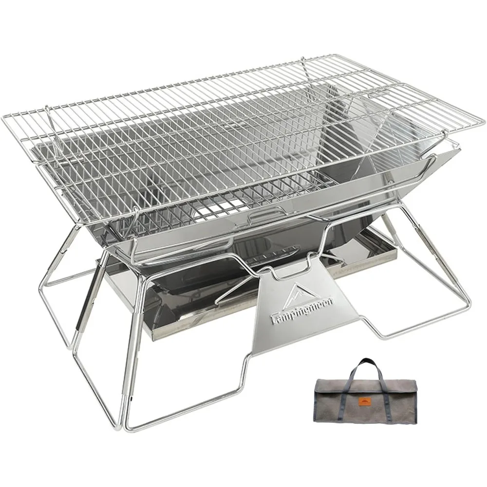 

Portable Camping Fire Pit, Stainless Steel, Foldable Barbecue Grill, Wood Burning Charcoal, with Portable Bag, 20x13 Inch