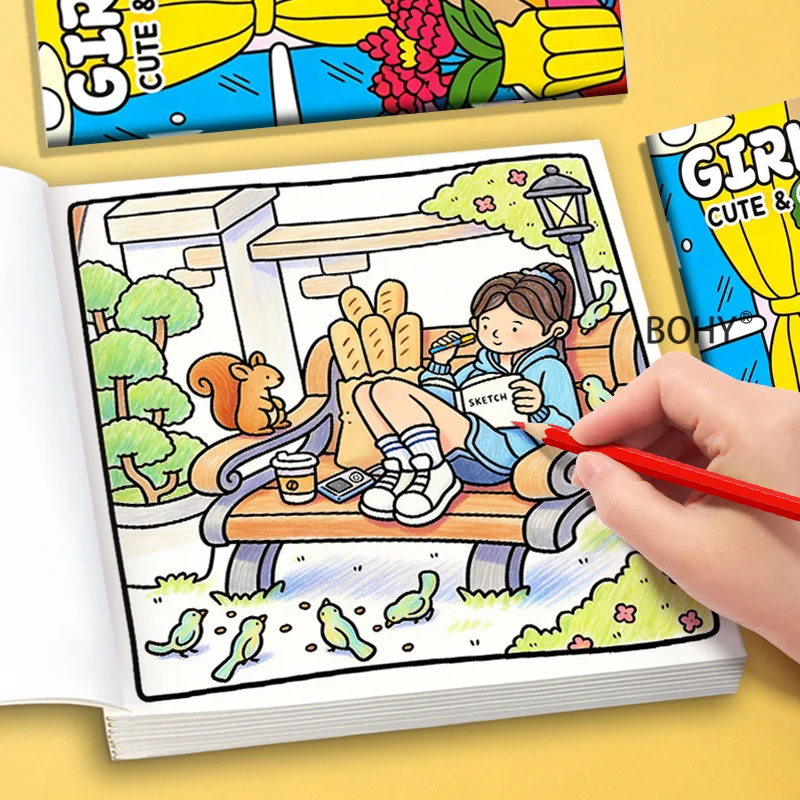 1 Girl's Style Relaxation Color Painting Album, Live Alone/Listen Music/Cooking and Other Life Scene Theme Patterns, 24 Pages
