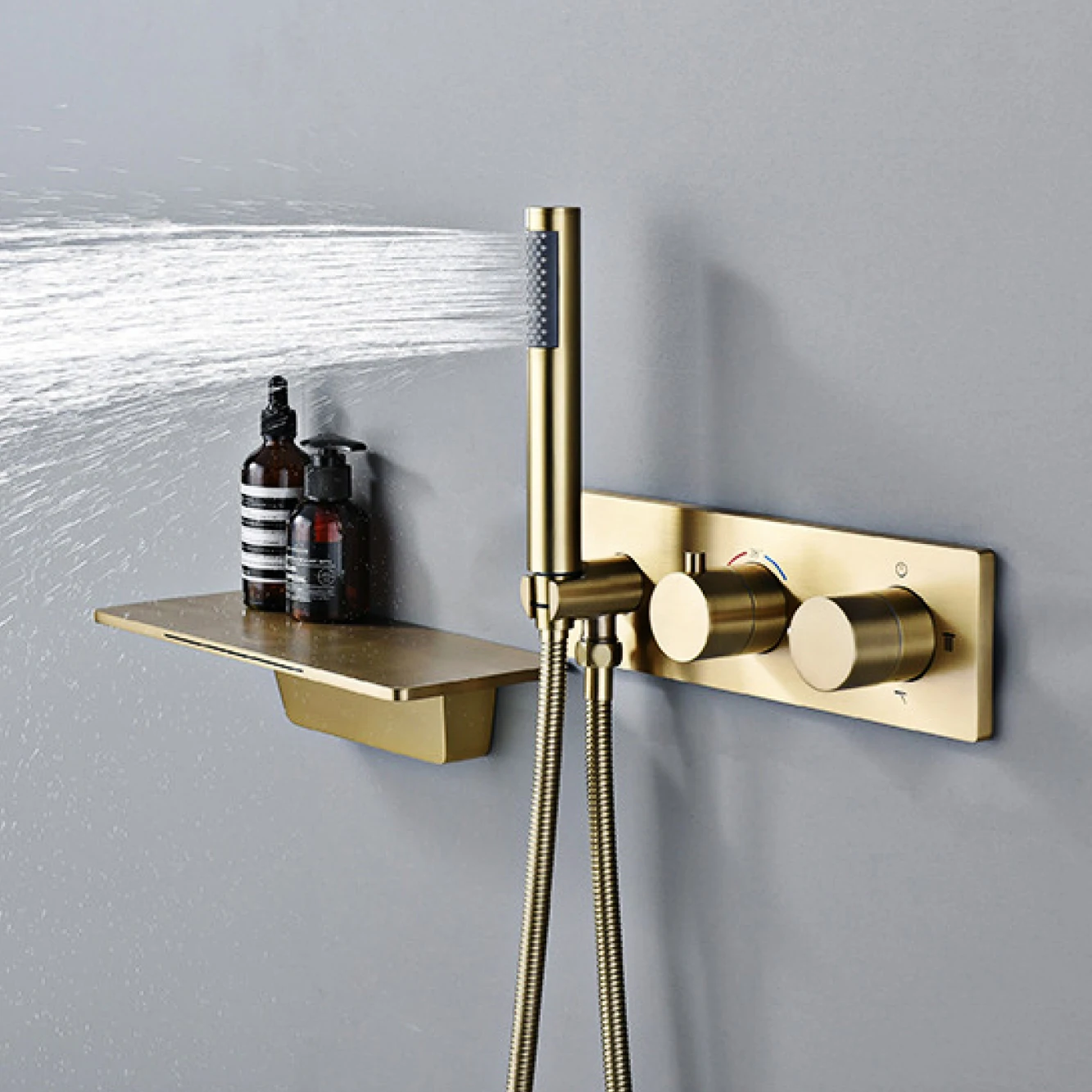 High-end simple black brass bathroom shower system wall-mounted design 3-function thermostatic 2-handle 2-control waterfall Tap