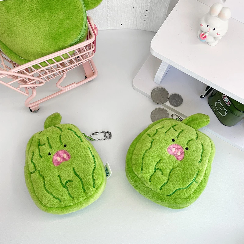 Portable Cartoon Cute Bitter Melon Coin Purse Kawaii Wallet Plush Coin Bag Key Earphone Coin Organizer Pouch Zipper Bag