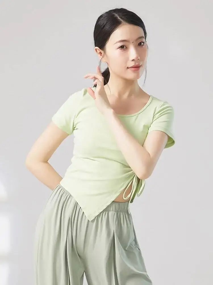 Top da ballo con scollo quadrato e orlo irregolare per balletto classico, abbigliamento da palcoscenico, camicia da donna con coulisse in tinta unita