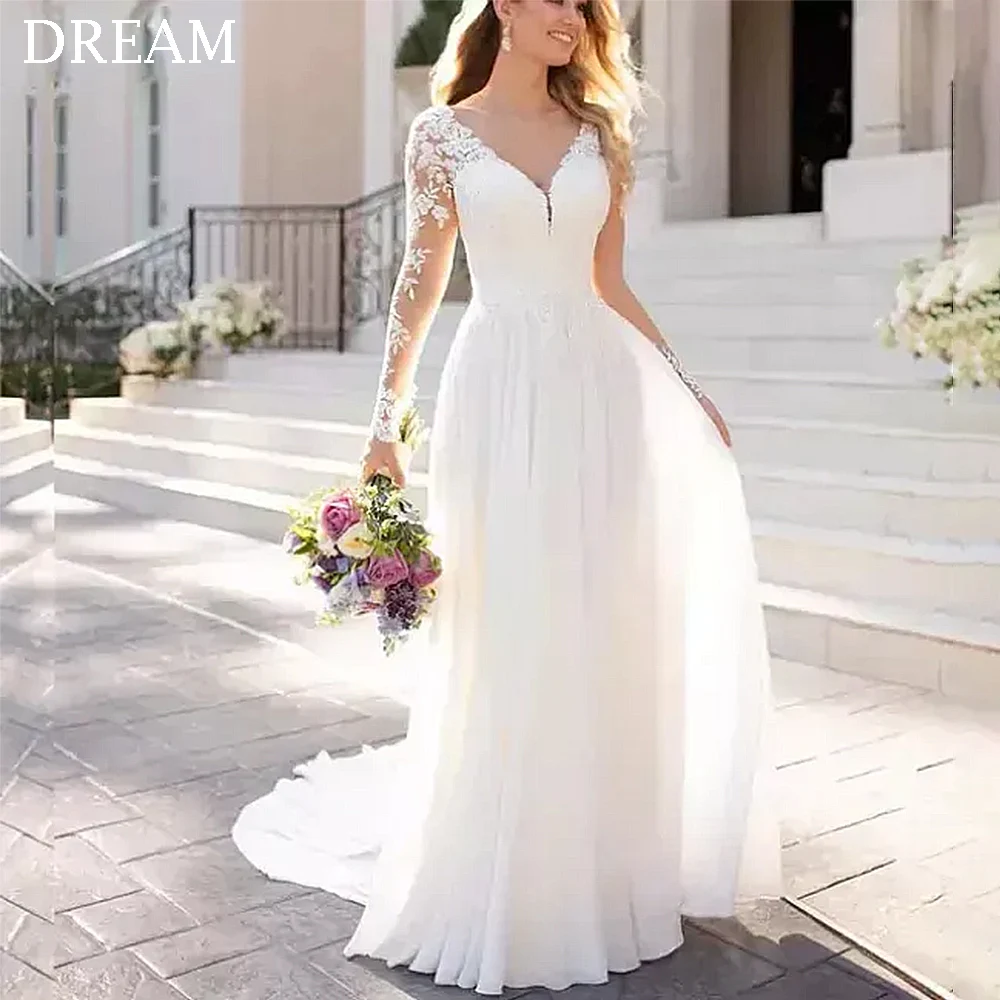 DREAM Customized Elegant Long A-Line Wedding Dresses V-Neck Floor-Length Sweep Train Brides Dress Women Vestidos De Novias 2024