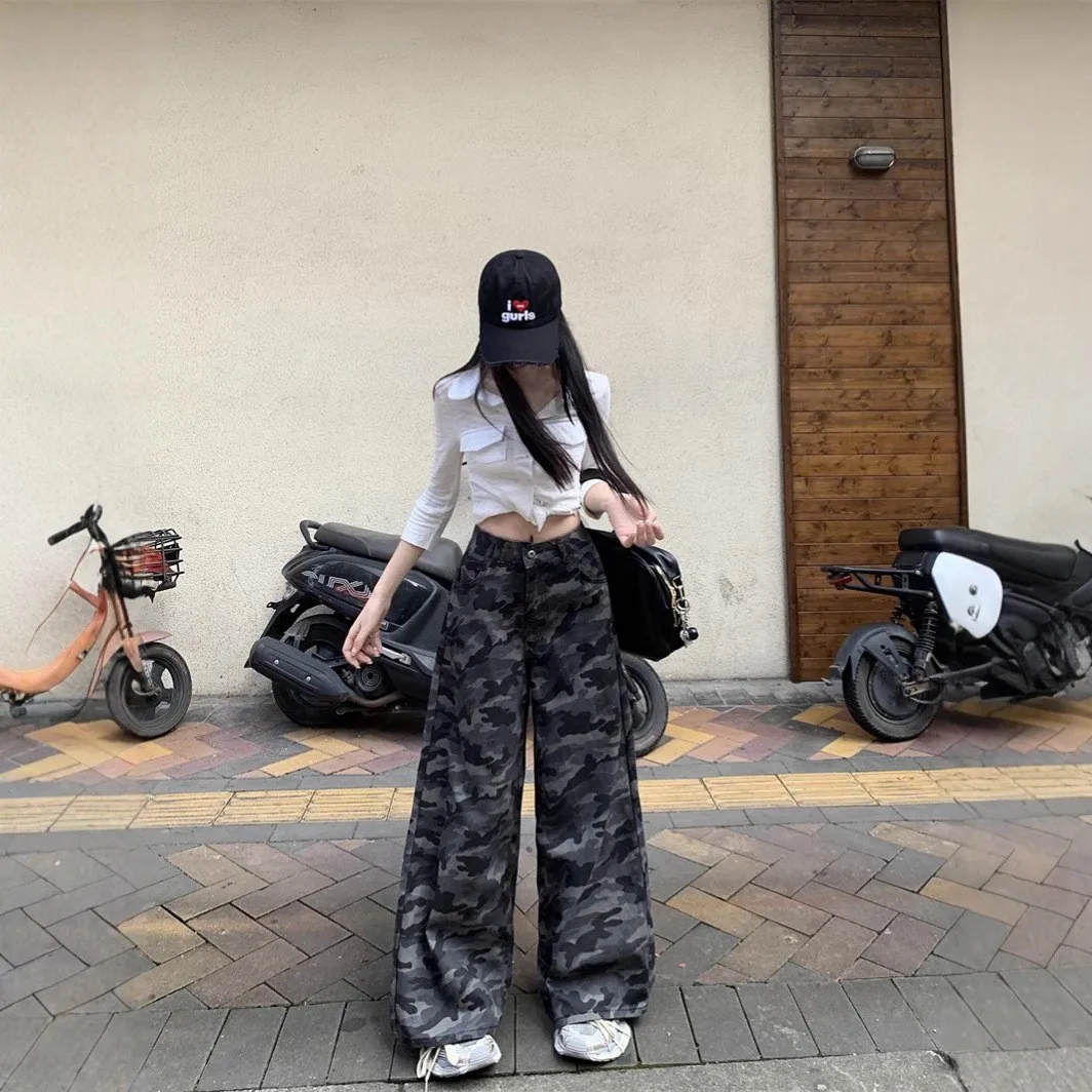 

Retro Camouflage Wide Leg Denim Jeans Women's Spring Summer Casual Pants American Sle Casual Straight Leg High Waist Long P...