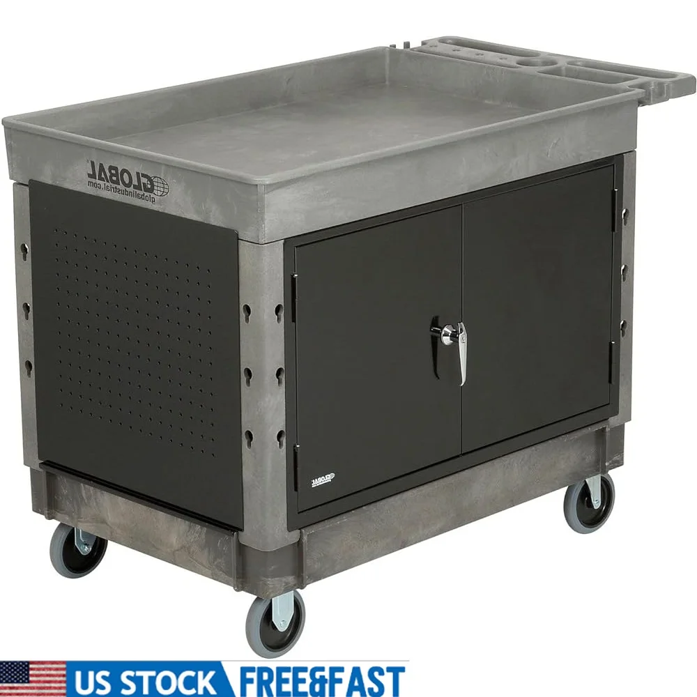 

Plastic Utility Cart Industrial Maintenance Shelf 2 Tray with Steel Locking Doors Pegboard Ends Mobile Charging Station Rubber