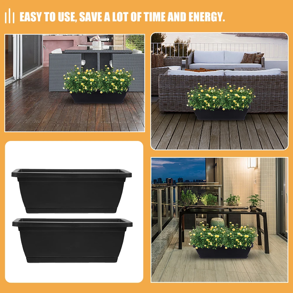 

2 Pcs Square Rectangular Flower Pot Plants Planter Glass Black Abs Gardening Pots