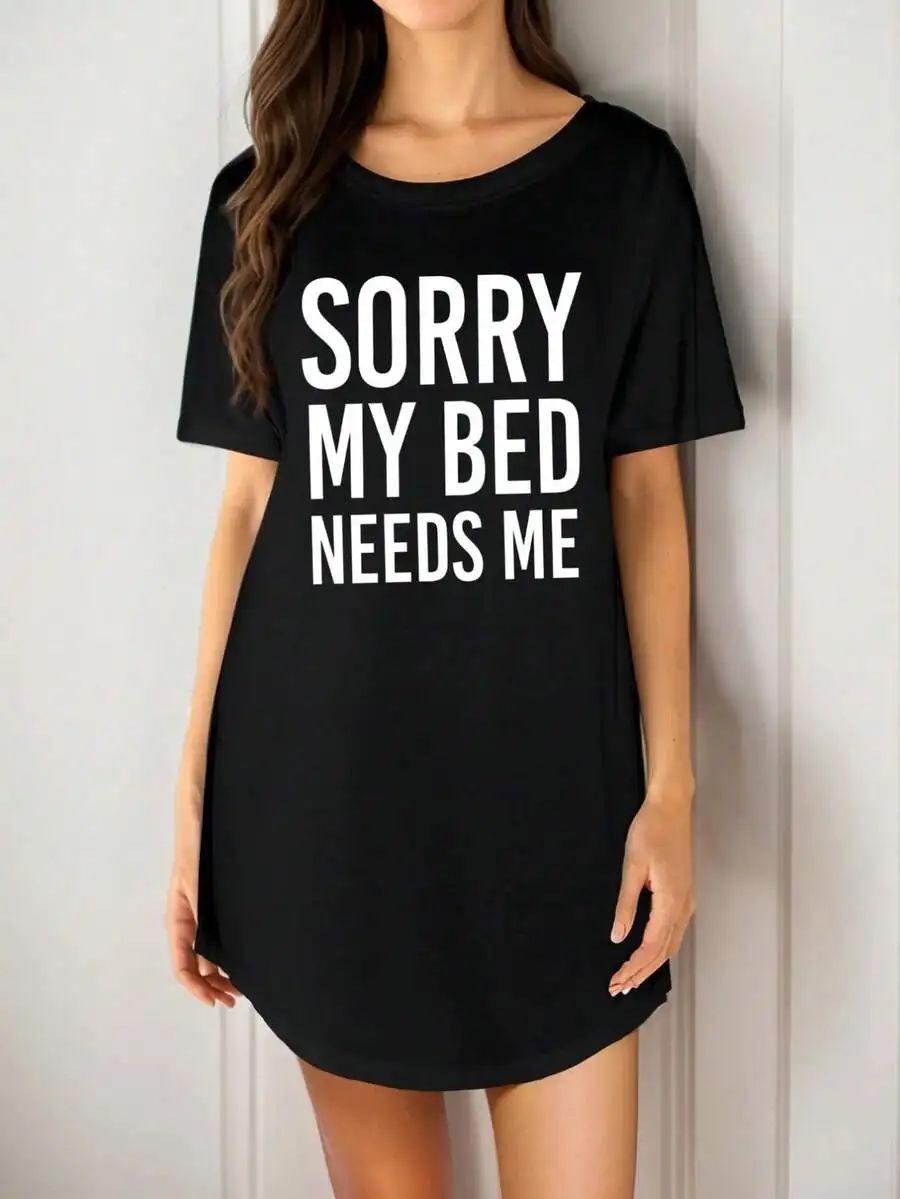 

Womens Black Oversized T-Shirt Dress With Sorry My Bed Needs Me Print Loose Fit Summer Casual Dress
