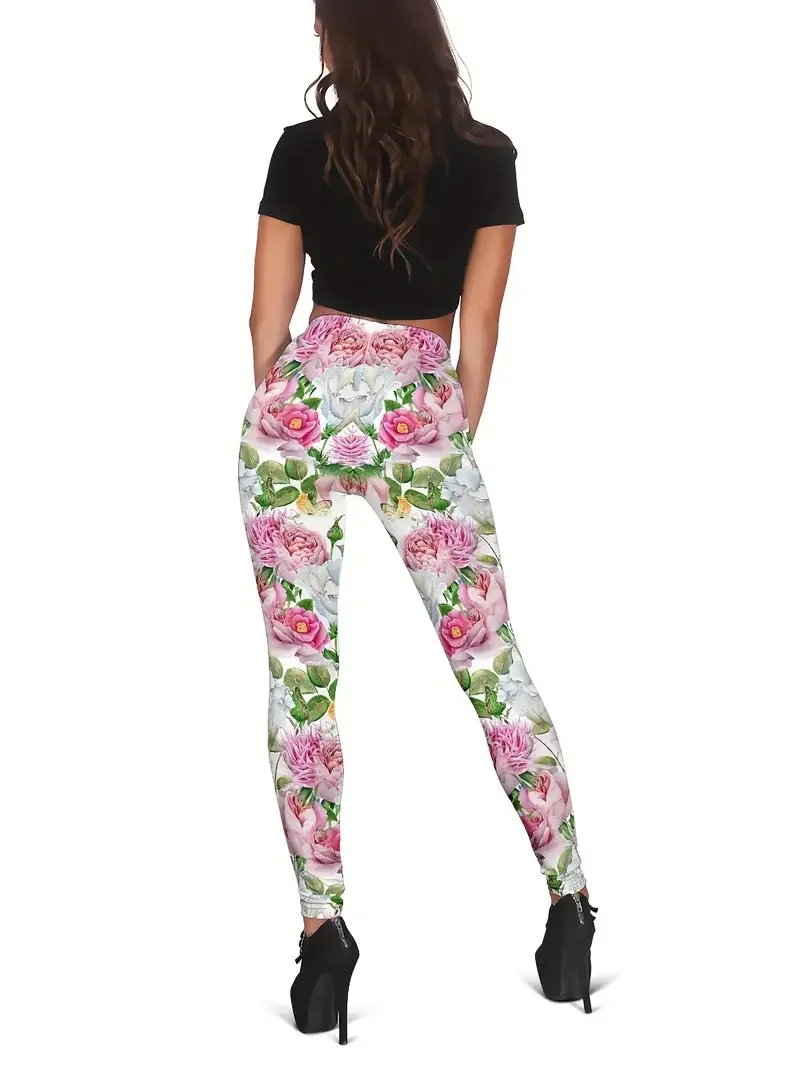 Flower print slim-fit elastic waist tights women\'s casual leggings daily work travel wear