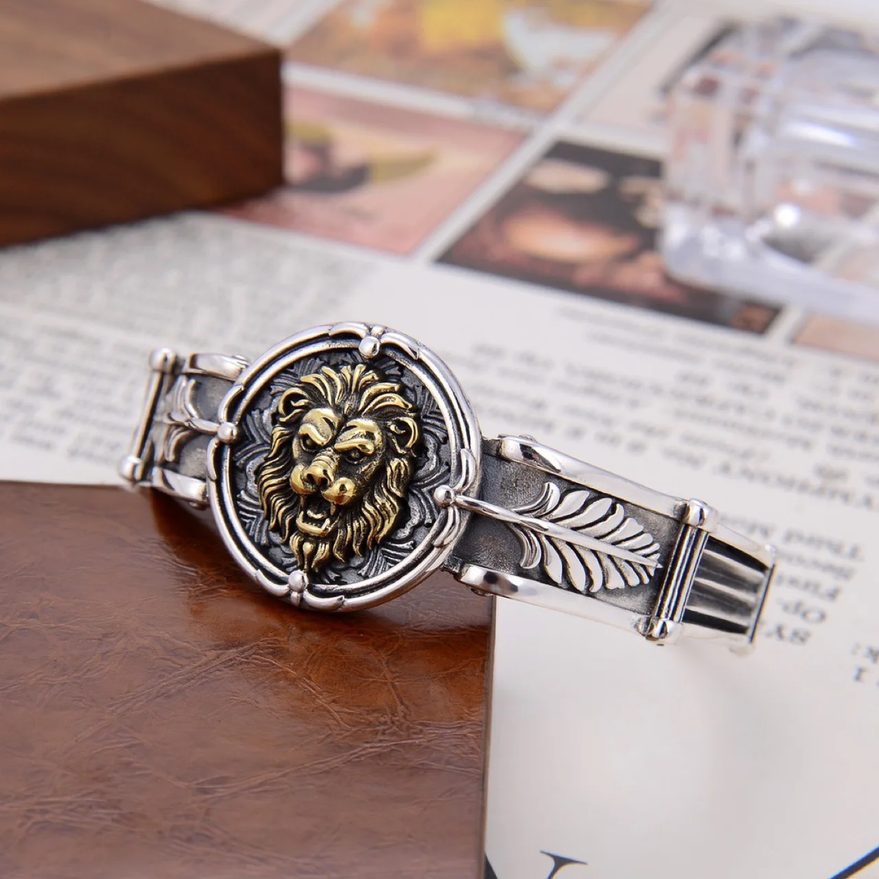 European and American  sterling silver vintage Thai silver handmade silver open Lion avatar Bracelet Men's fashion personality