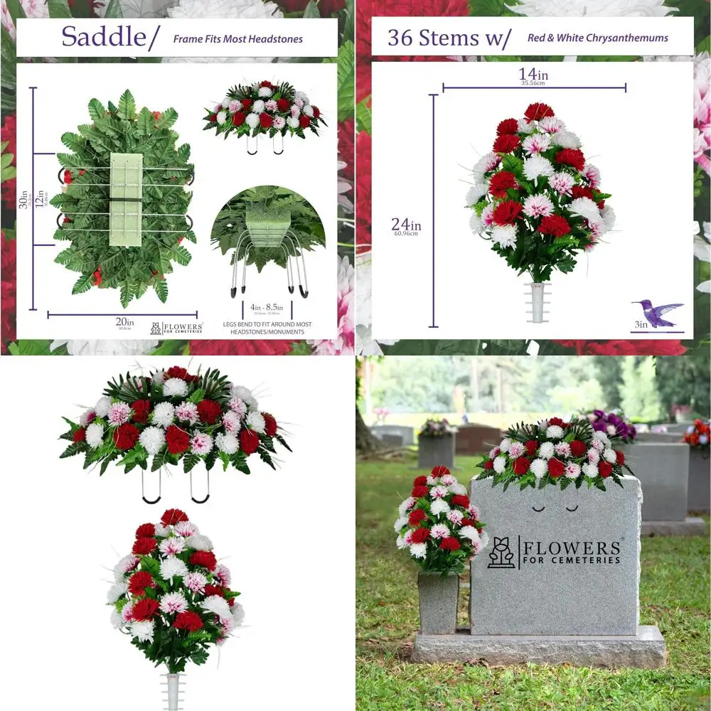 

Искусственные цветочные композиции для кладбища - Декорации для могил - Красно-белые хризантемы - Каменный мемориал и соответствующий букет