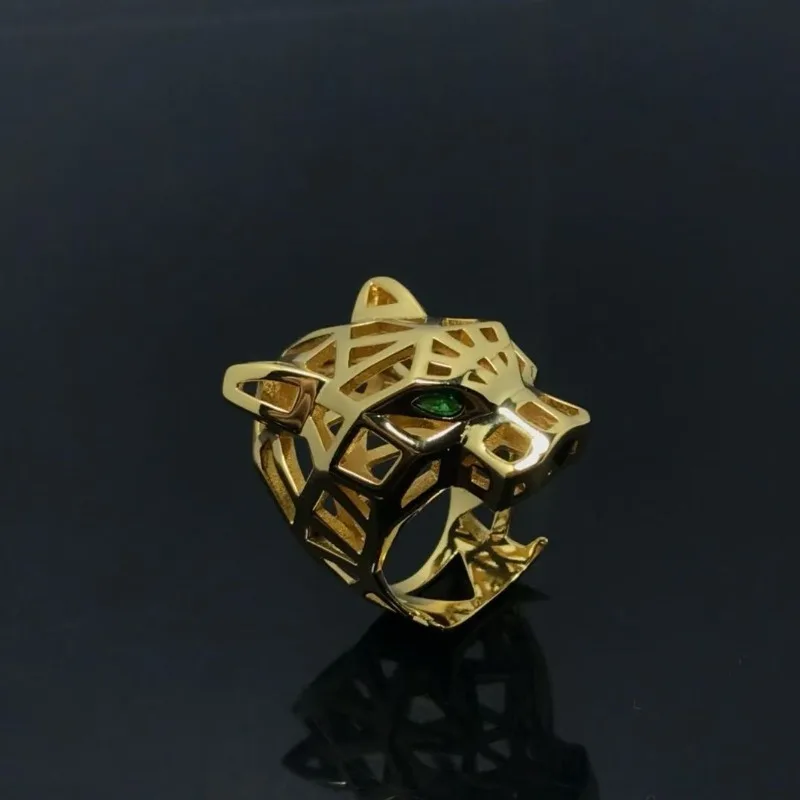 Gold Plating Hollow Leopard Animal Finger Ring Green Eyes Hollow Panther Heads Ring For Men Women High Quality Party Jewelry