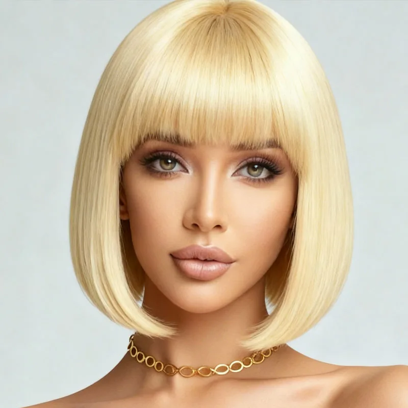 Golden elegant and fashionable 12 inch synthetic shoulder length wig, suitable for daily use at role-playing parties