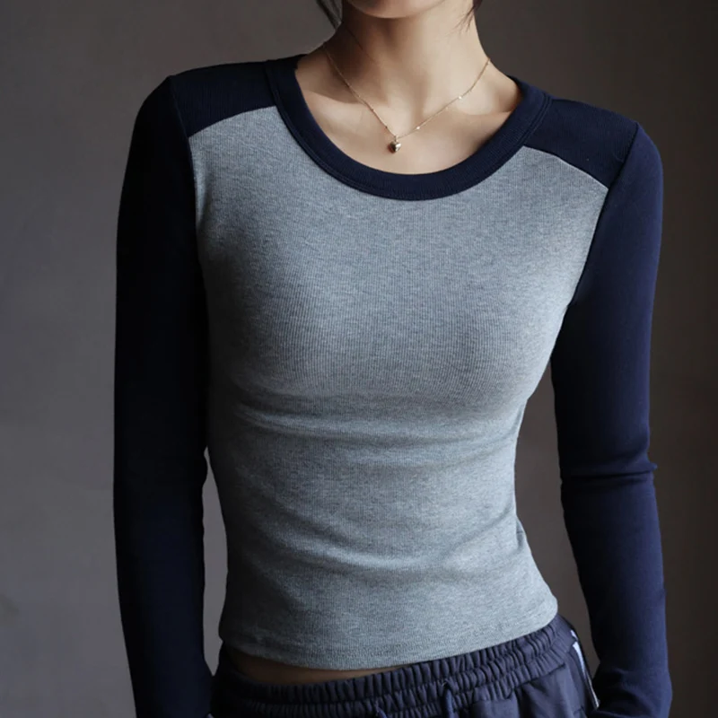 

Korean Mix Color Long Sleeve Shirts Women Crew Neck Pullovers for Woman 2025 Spring Autumn Slim Fit Bottom Shirts Female