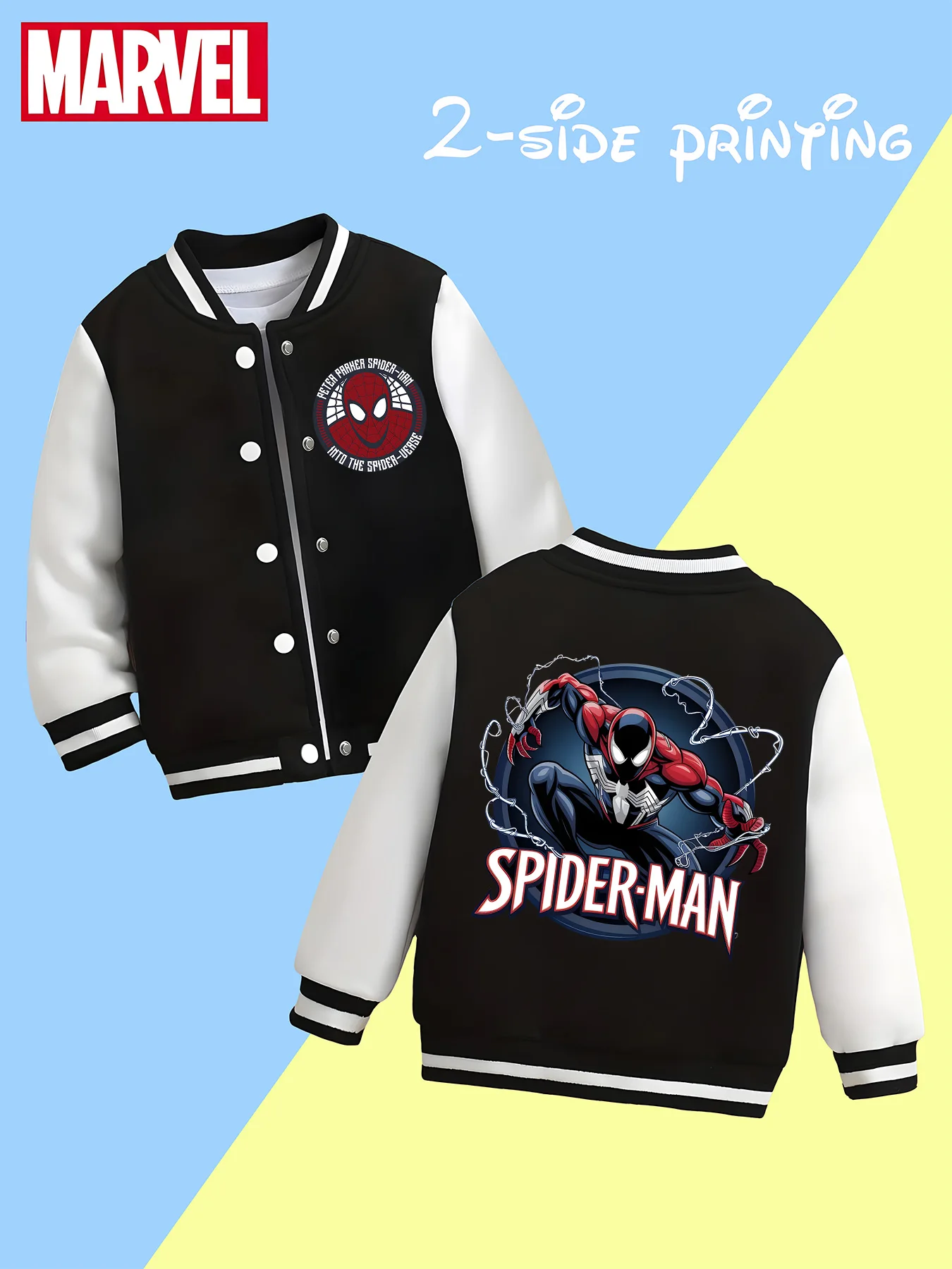 

MINISO Marvel Spider-Man Flash Suit Children's Baseball Jacket - Trendy black and white, soft skin-friendly fabric, autumn and w