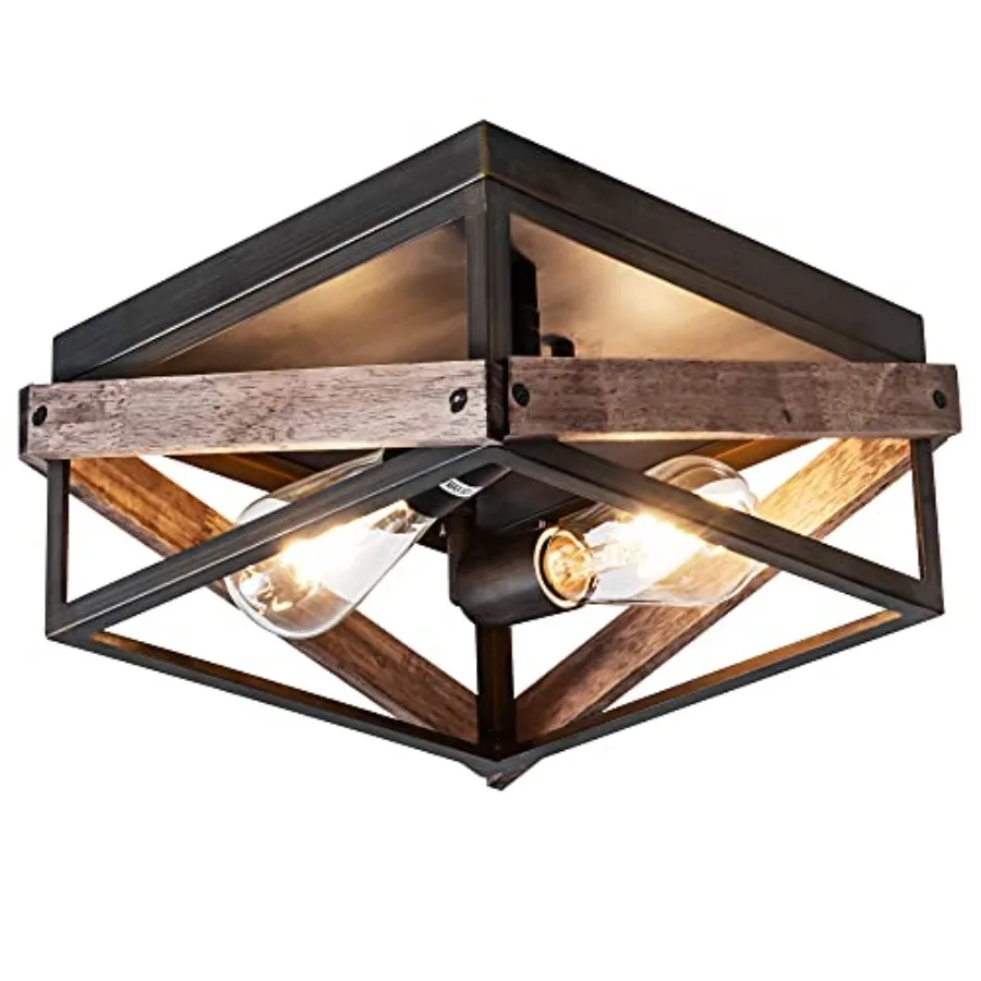 

2-Light Flush Mount Ceiling Light Rustic Farmhouse Fixture with Bronze Metal and Wood Design for Kitchen Living Room Bedroom Ha