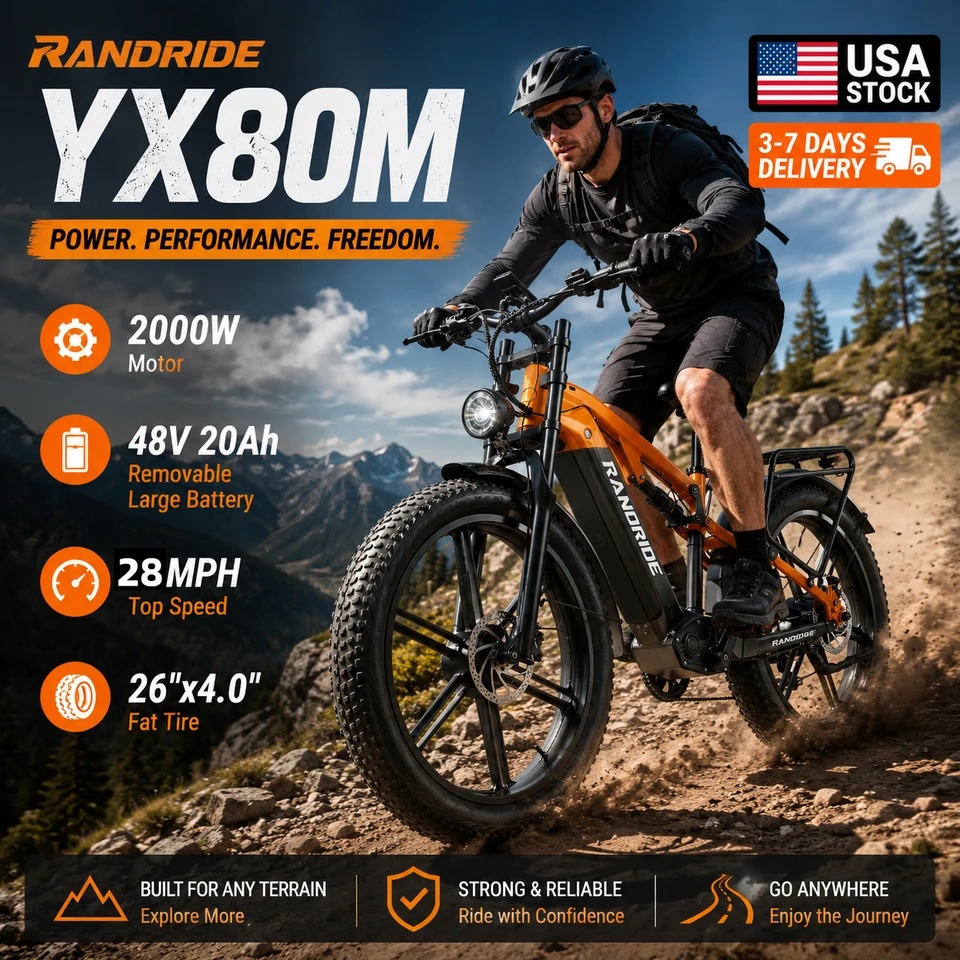 Electric Bike RANDRIDE YX80M for Adults, Powerful 2000W Motor, 48V 20Ah Removable Large Battery, 26x4.0" Fat Tire All-Terrain Electric Mountain Bicycle, Up to 31MPH & , Full Suspension, Hydraulic Disc Brakes, US Stock Fast Shipping Commuter Bike.