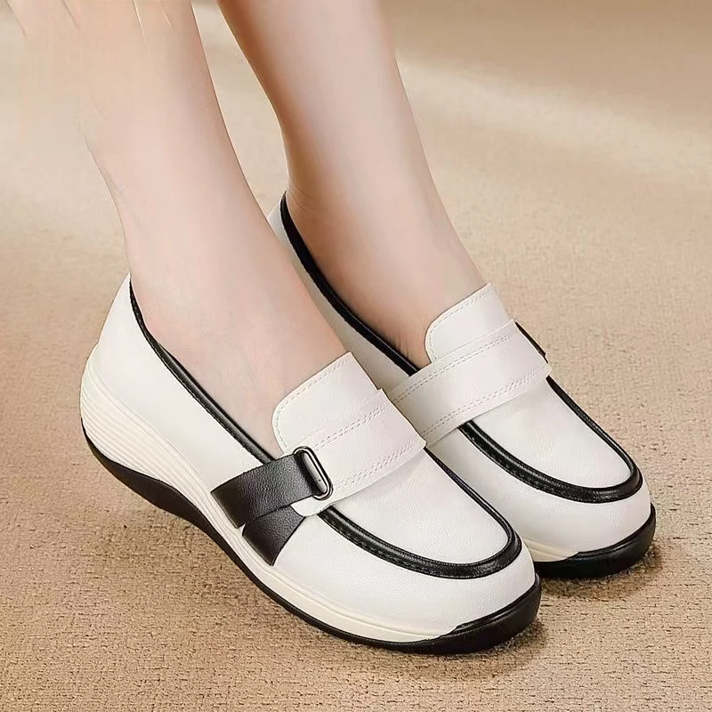 

Women PU Leather Shallow Wedges Shoes Spring Autumn New Thick Sole Non Slip Round Toe Slip On Lightweight Nude Shoes Work Shoes