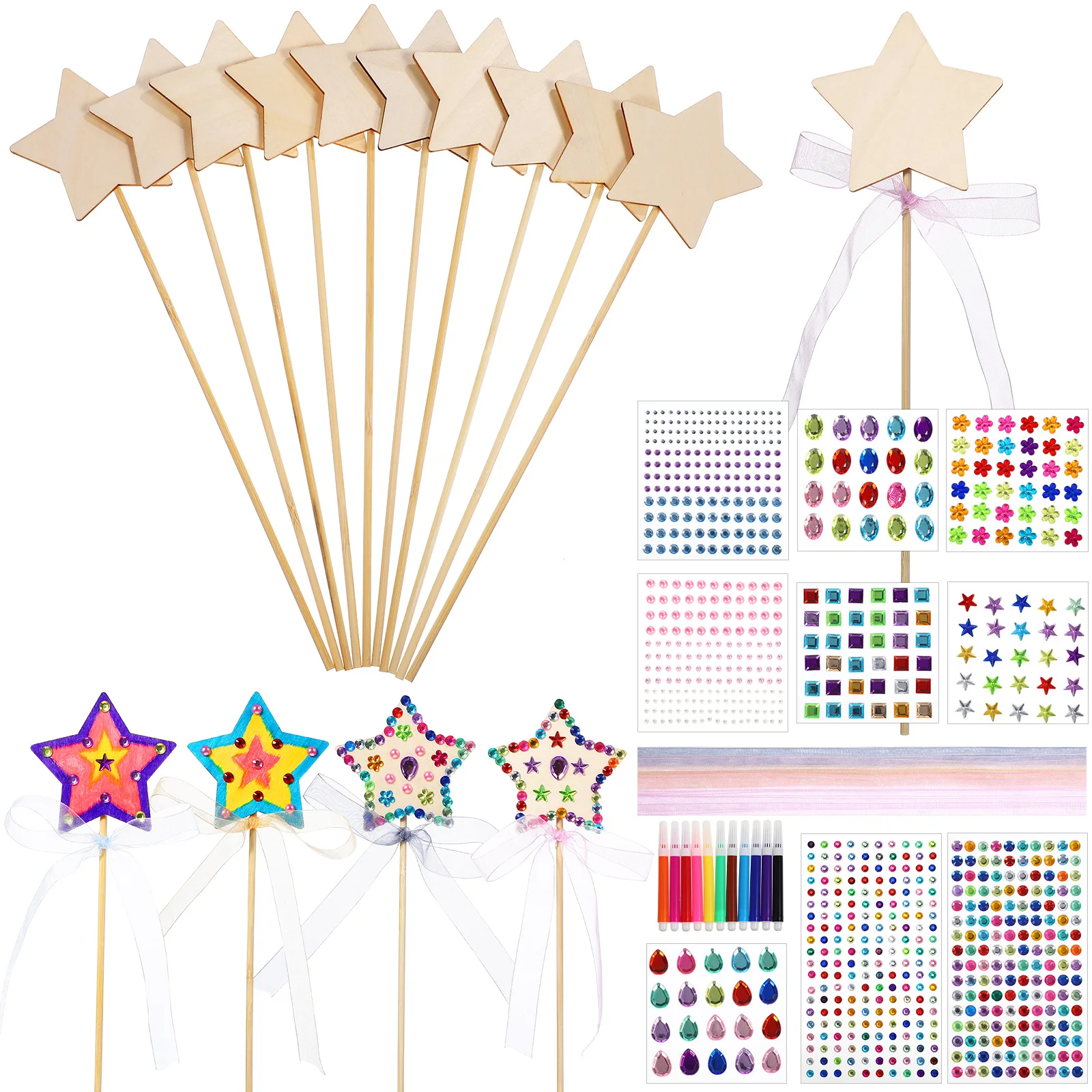 

1 set 18 Star Wands 9 Stickers 20 Ribbons 10 Pens DIY Fairy Wand Kit Princess Craft Party Favors Kids Birthday Wood Crafts