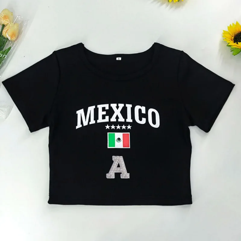 

Women's Clothing Summer Streetwear Short Sleeved Baby T-shirts Casual Vintage Crop Tops Black Mexico Aesthetic Fashion Trend New