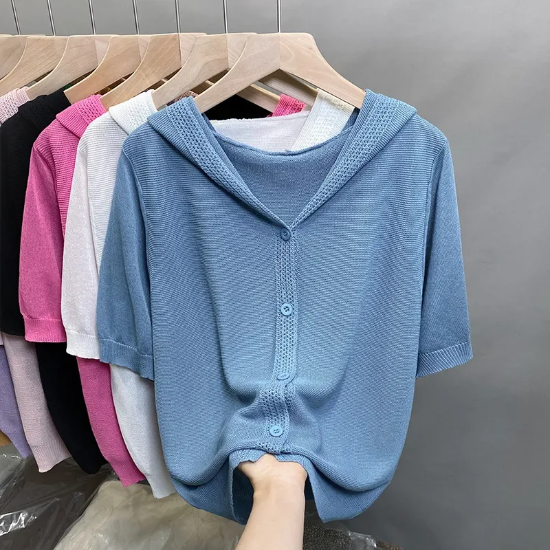 Women Rib Knit Short Sleeve Hooded Cardigan Button Front Casual Knit Top