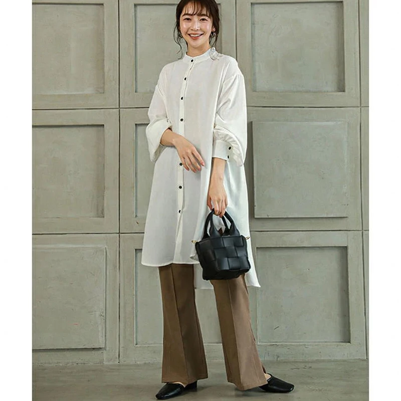 REALEFT-Vestidos camiseros cortos holgados para mujer, minivestido informal de manga larga abombada con cuello levantado y una botonadura, otoño 2025