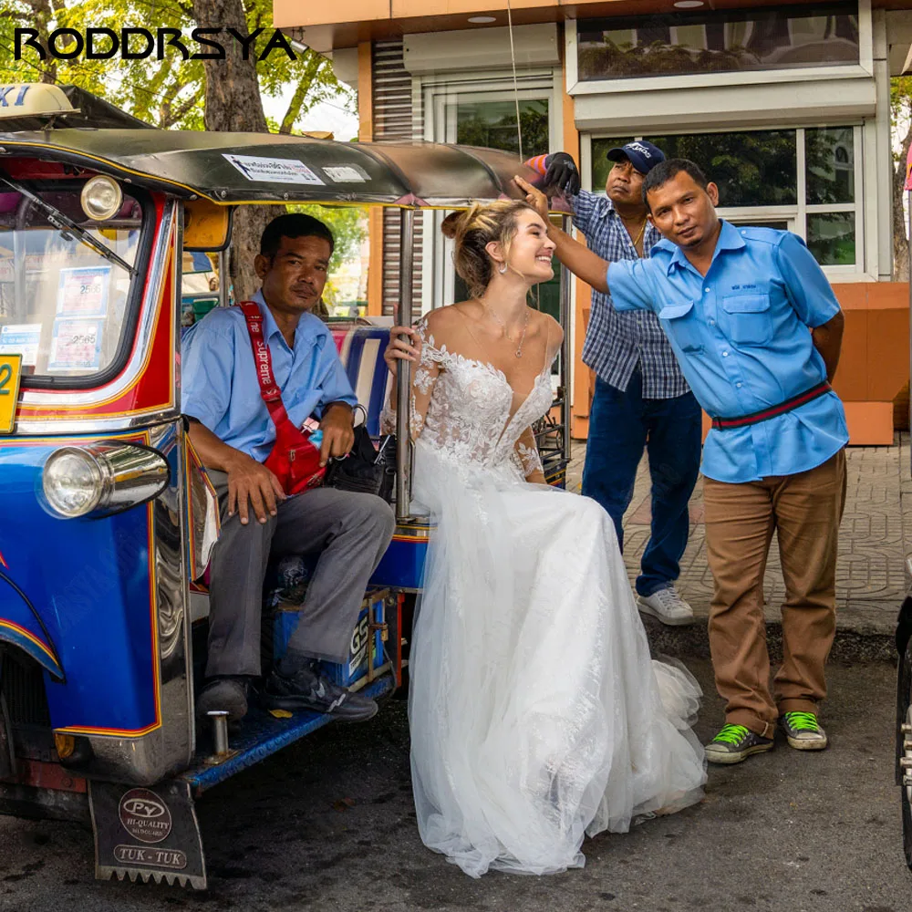 Roddrsya ชุดเดรสแต่งงานลูกไม้แขนยาวแบบชุดลูกไม้โชว์หลังผ้าบางเนื้อละเอียดชุดราตรีสำหรับเจ้าสาว