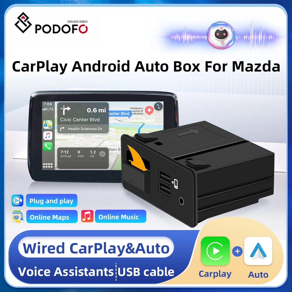 

Podofo For Mazda CarPlay Android Auto USB Adapter Ai Box Apple Carplay for Mazda 2 3 6 CX30 CX5 CX8 CX9 With Voice Assistant