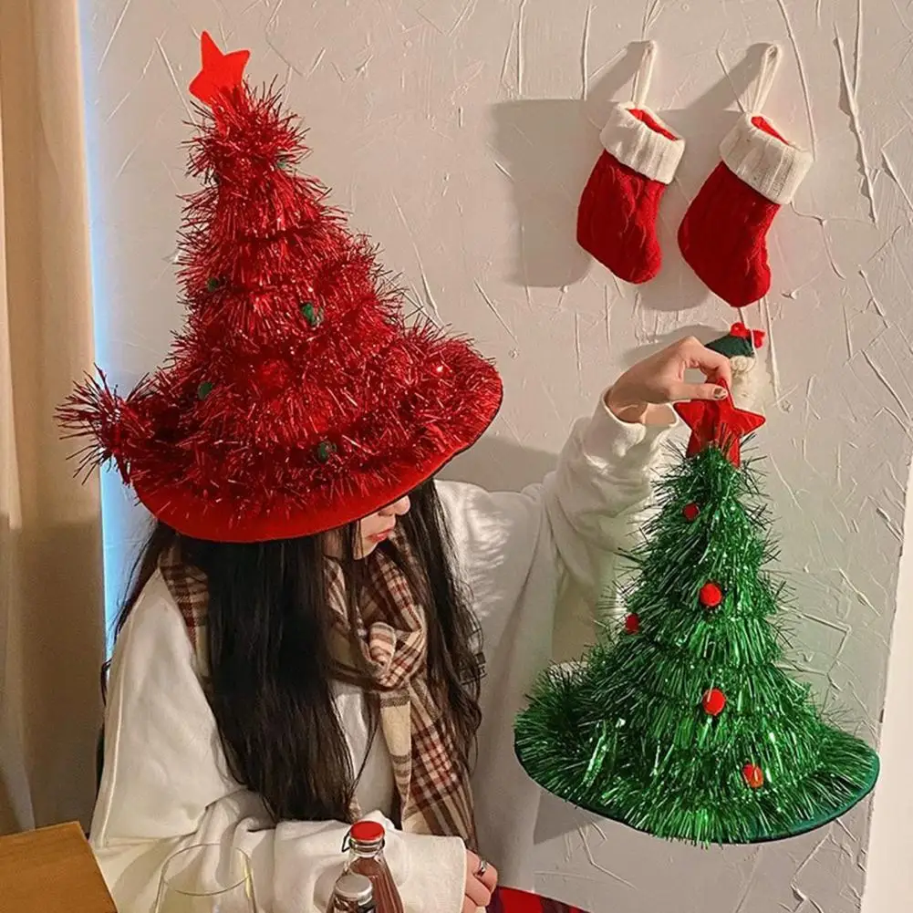 Christmas Tree Hat Soft Santa Hat Green Golden Ribbon Star Tiara Holiday Party Headwear Office Christmas Party Hat