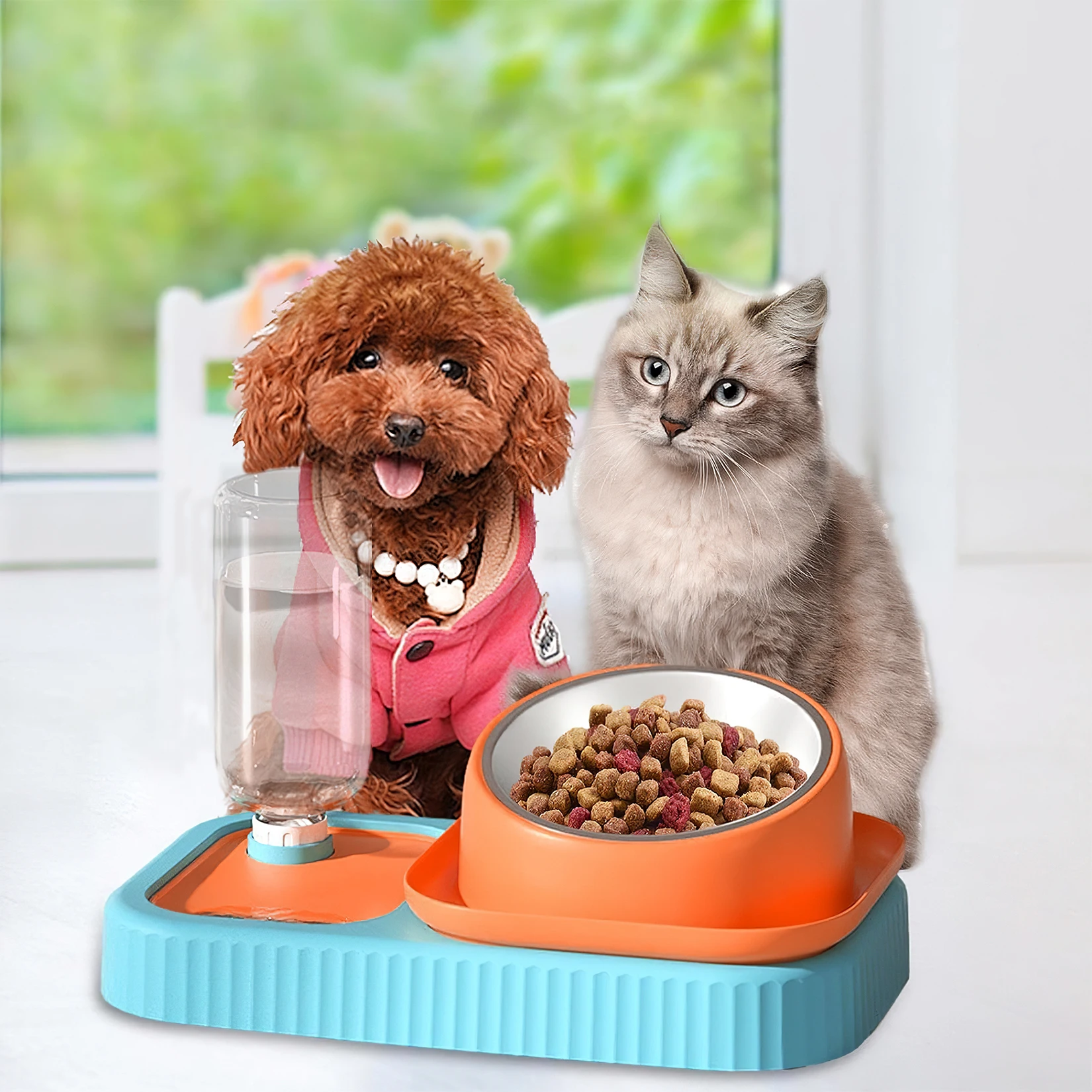 Automatic Water Bowl with Drinking Bottle, Dog and Cat Food Container, Slow Feeder, 15 ° Tilted Design, 3 in 1