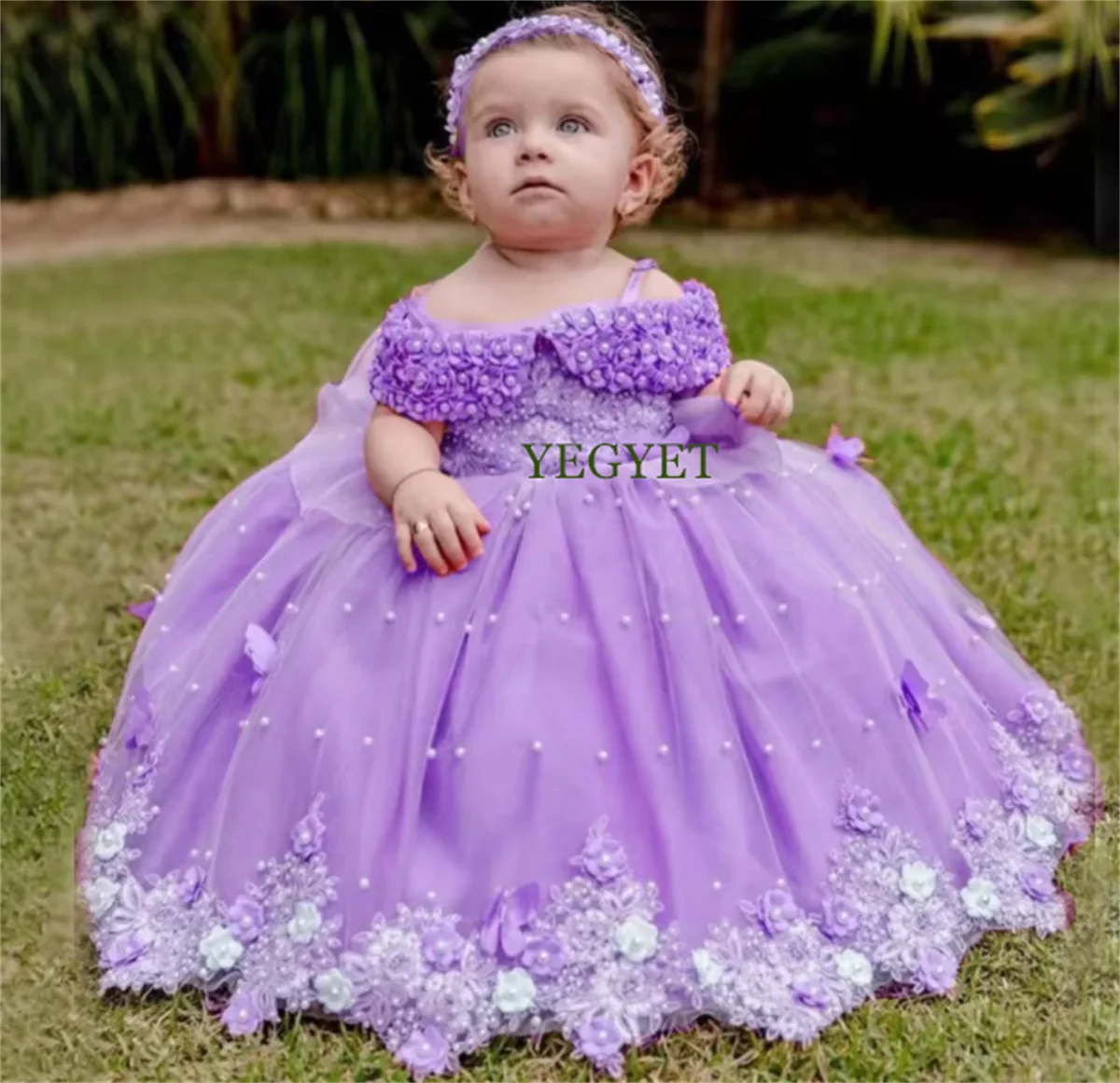 CustomizedPink Appliques Flower Girl Dress For Wedding Puffy Tulle With Pearls Cute Kids Birthday Ball Gowns First Communion Dre