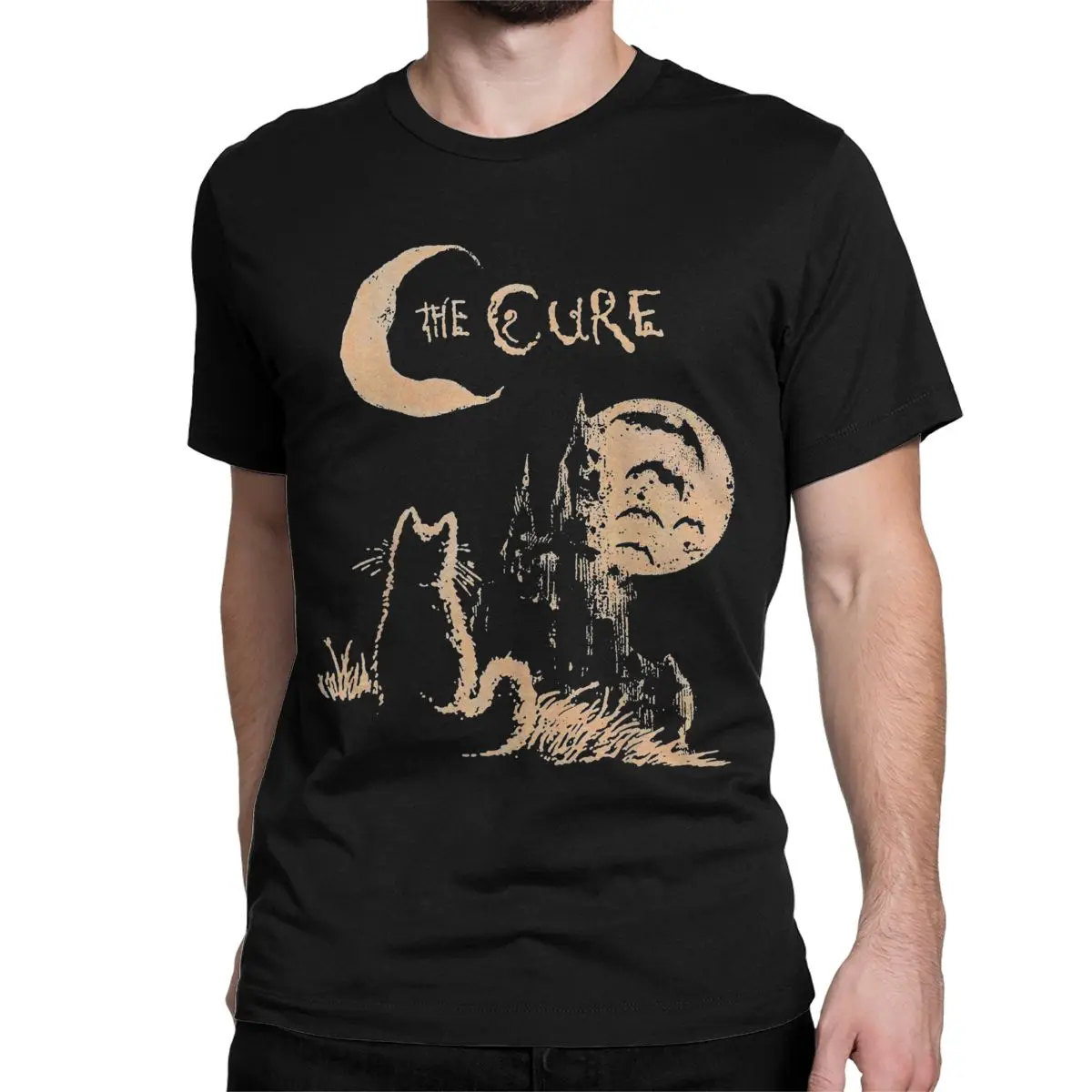 The Cures Cat Moon T-Shirts Men Robert Smith Music Band Novelty 100% Cotton Tee Shirt Round Neck Short Sleeve T Shirt Clothing