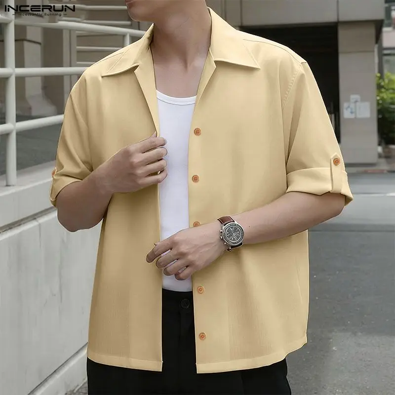 

INCERUN Мужская рубашка сплошной цвет с лацканами и коротким рукавом на пуговицах свободная мужская одежда уличная одежда корейский стиль модные топы мужские рубашки