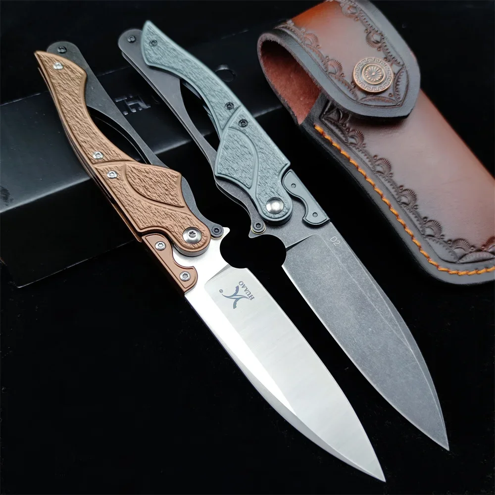 HUAAO Folding Knife High Quality D2 Blade Fine 420 Steel & T6 Aluminum Handle EDC Knife Outdoor Hunting Tactical Survival Tool