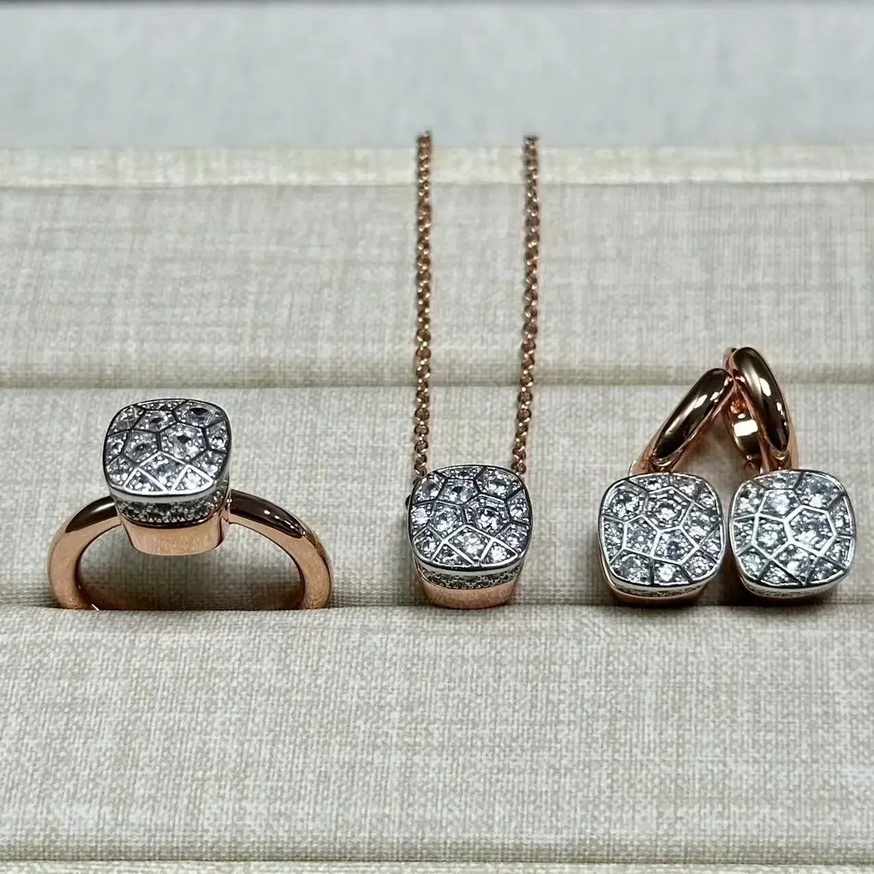 10.6mm Honeycomb Style Jewelry Set For Women Ring Earrings Necklace Rose Gold Candy Crystal Bijoux Gift