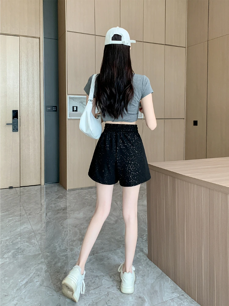 Ladies Black Sequin Short Pants High Rise Elastic Waist Wide Leg Comfortable Summer Wear