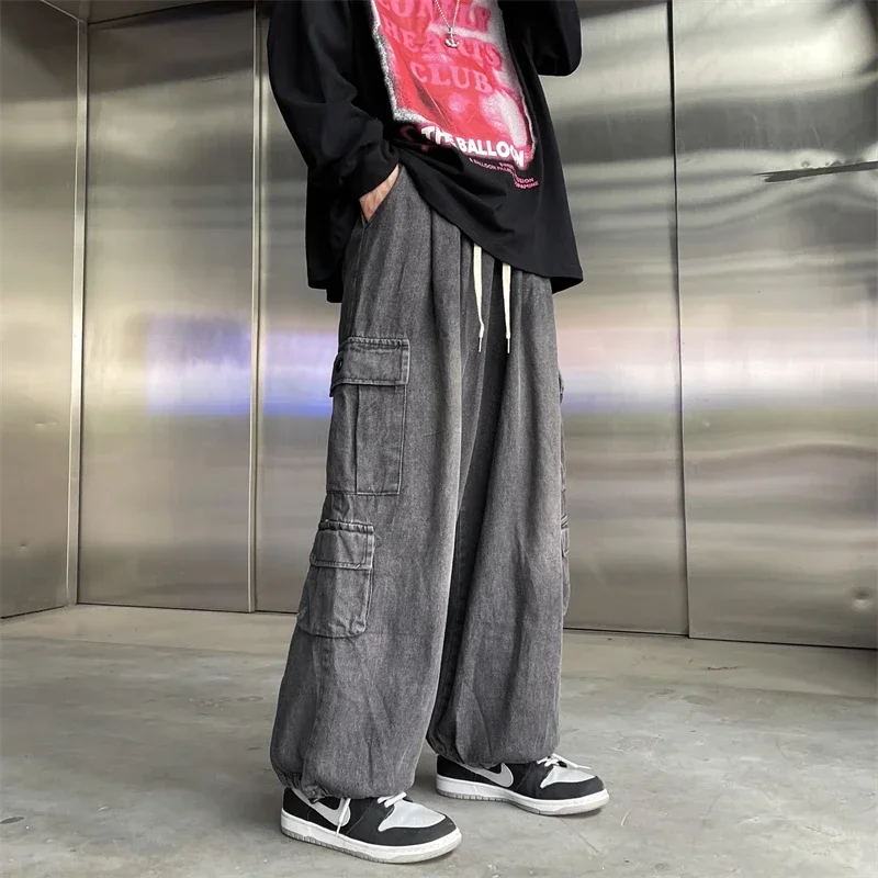 2024 Washed Vintage Wide Leg Trousers Casual Loose Jeans Multi Pockets Pants Man Men’s Jeans Streetwear Men Baggy Jeans C20