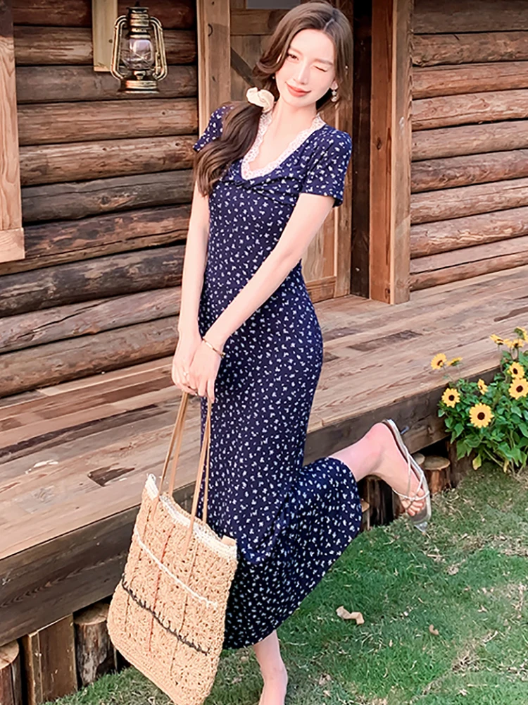 Robe longue en dentelle plissée, motif Floral, Chic, col en v, élégante, décontractée, vacances, été, coréenne, moulante, Festival, 2025